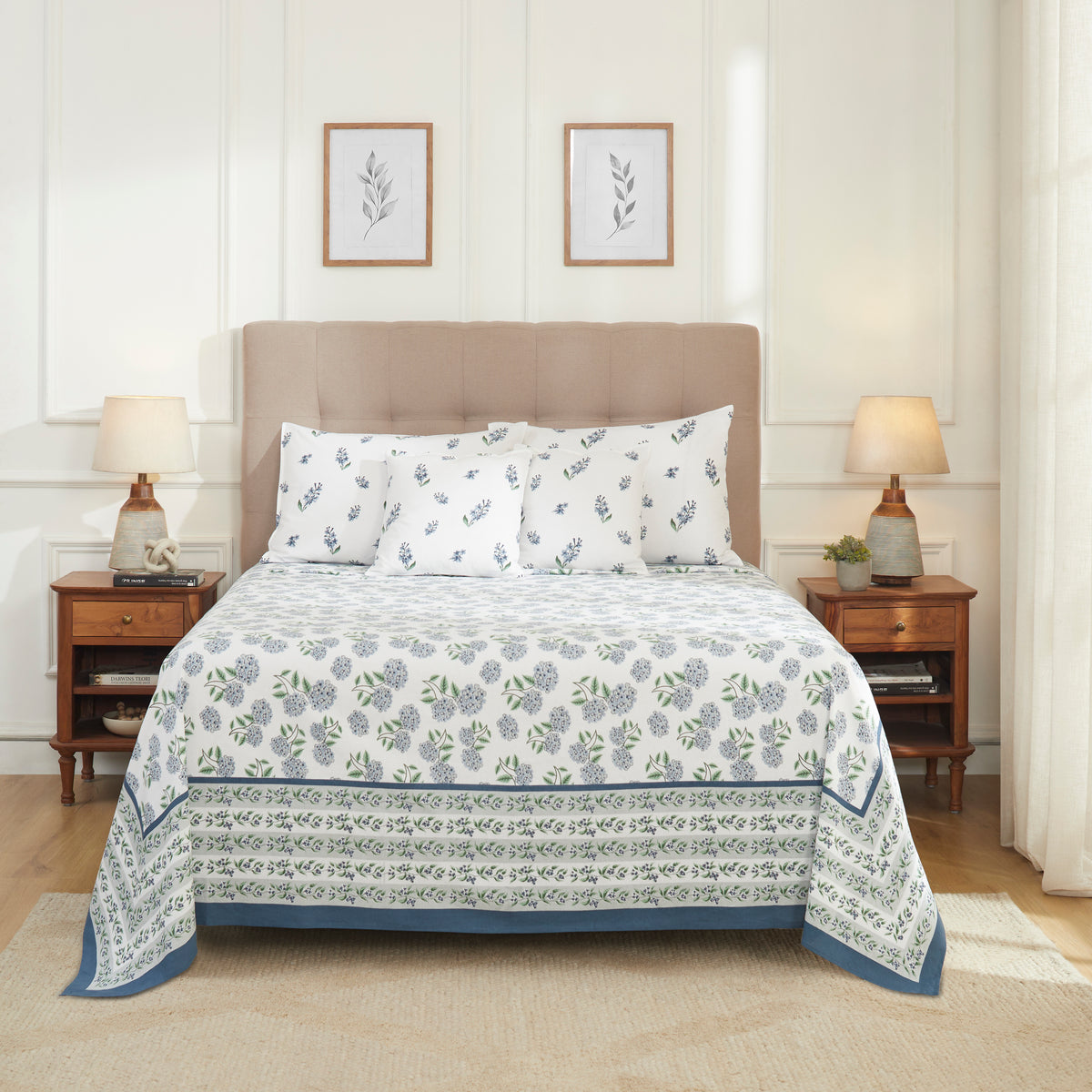 Hyderangeas Cotton Bedcover – Blue/Green