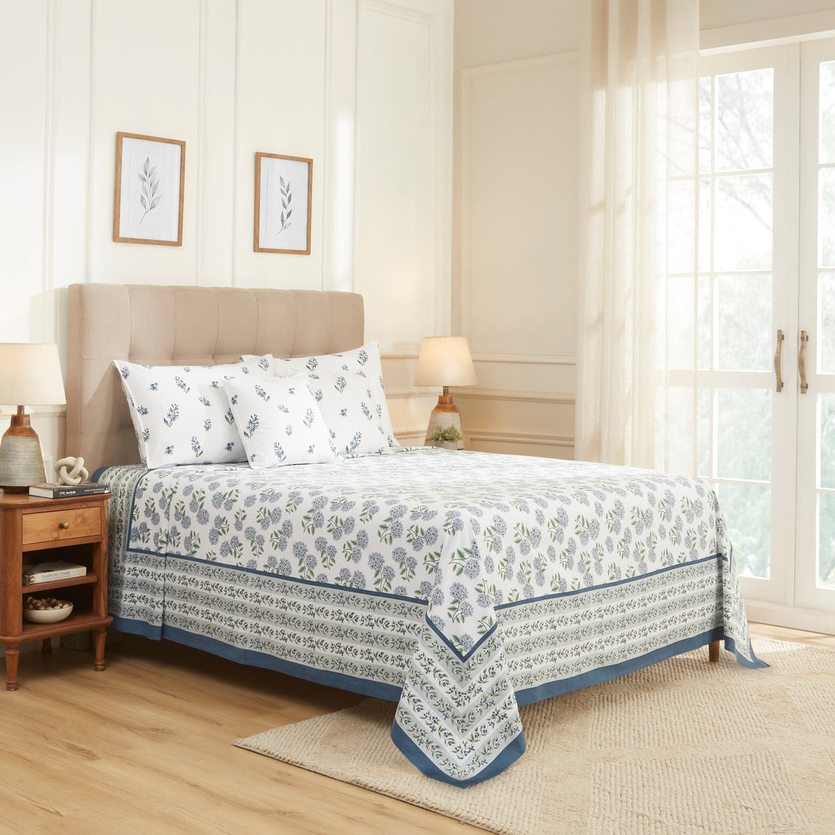 Hyderangeas Cotton Bedcover – Blue/Green