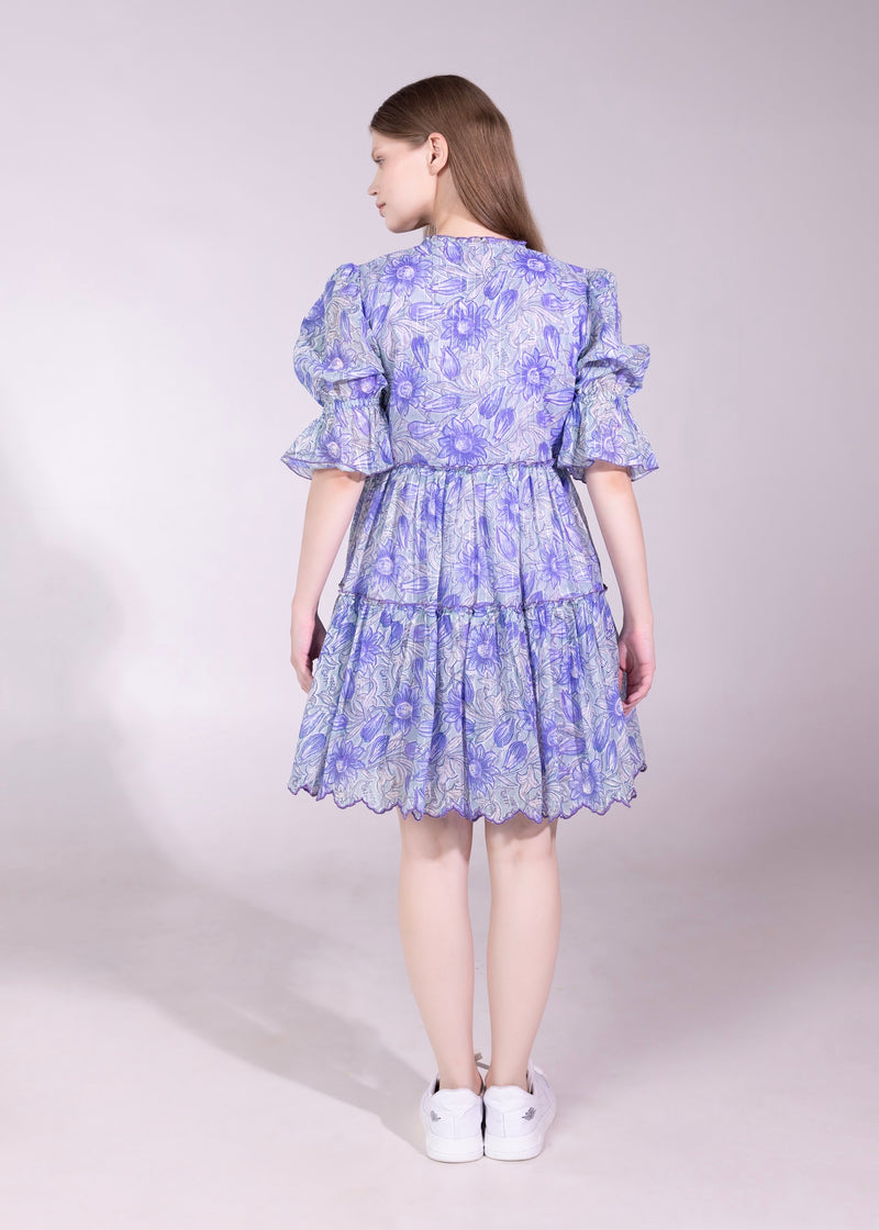 Purple Flared Voile Tier Dress with Puff Sleeve
