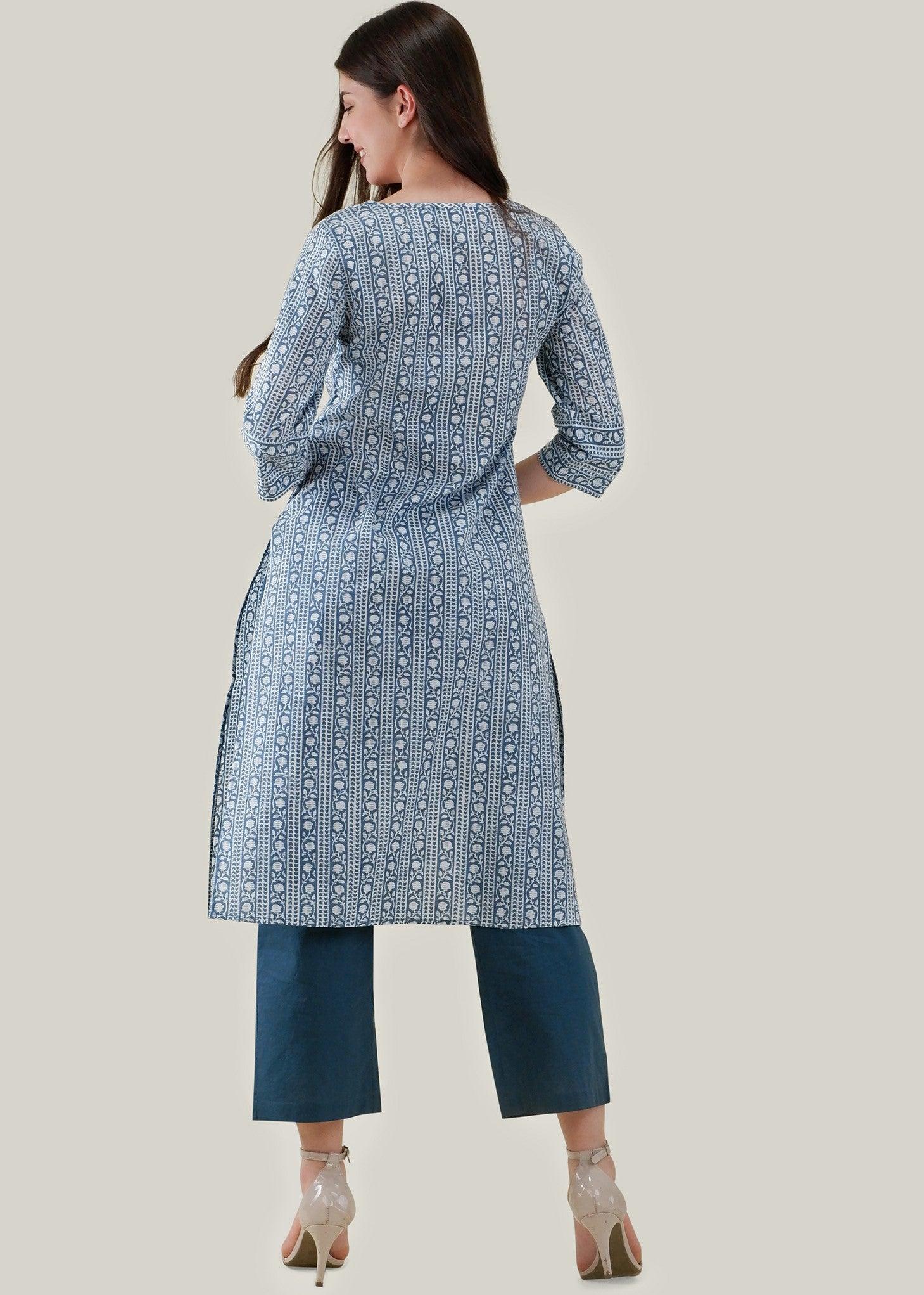 White & Blue Regular Cotton Upasana Kurta