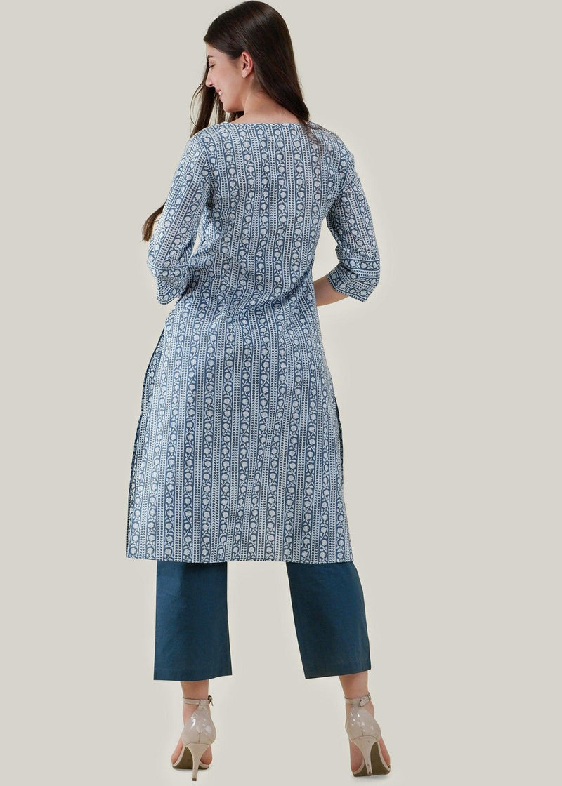 White & Blue Regular Cotton Upasana Kurta
