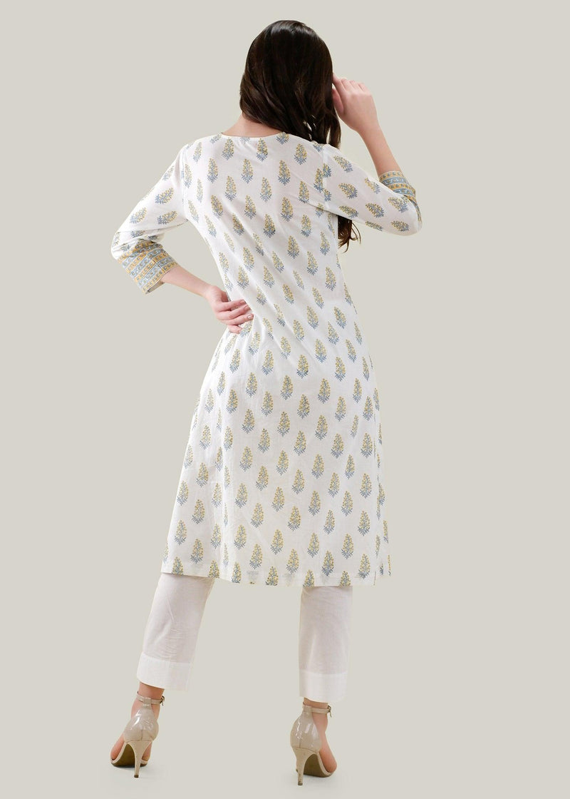White & Yellow Flared Cotton Falak Kurta