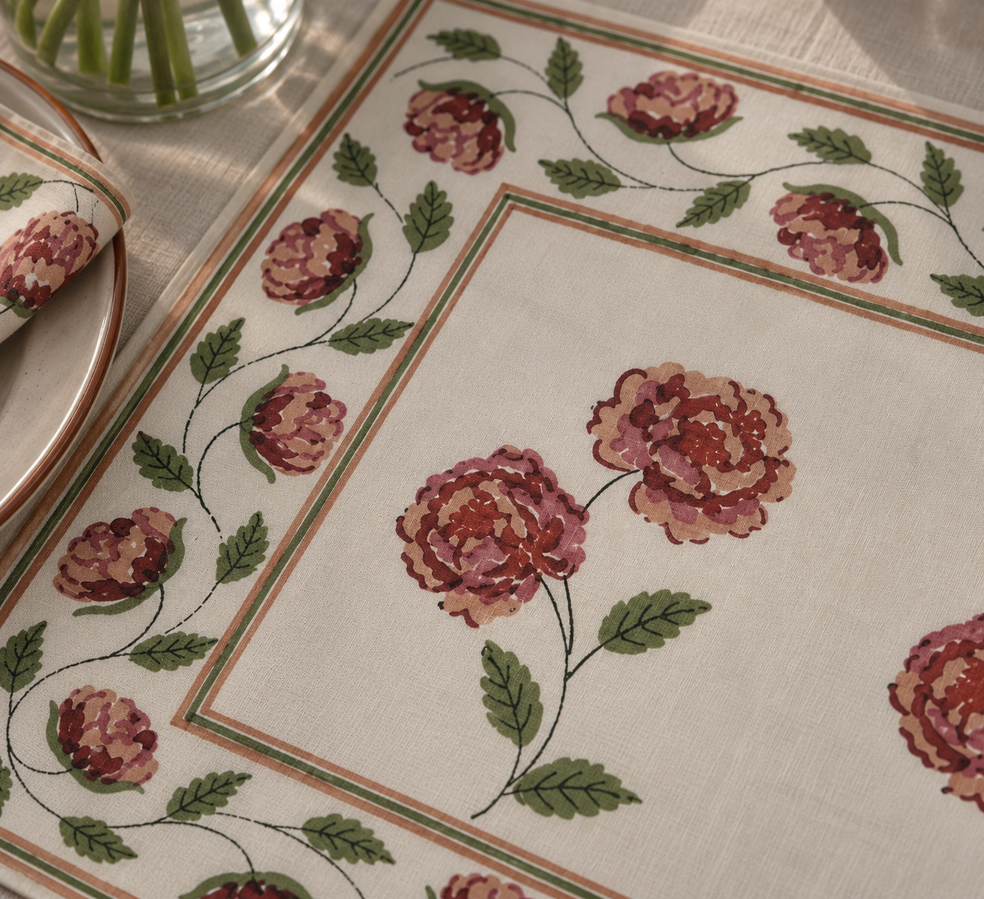 Peonia Red-Beige Floral Table Mat Set of 6