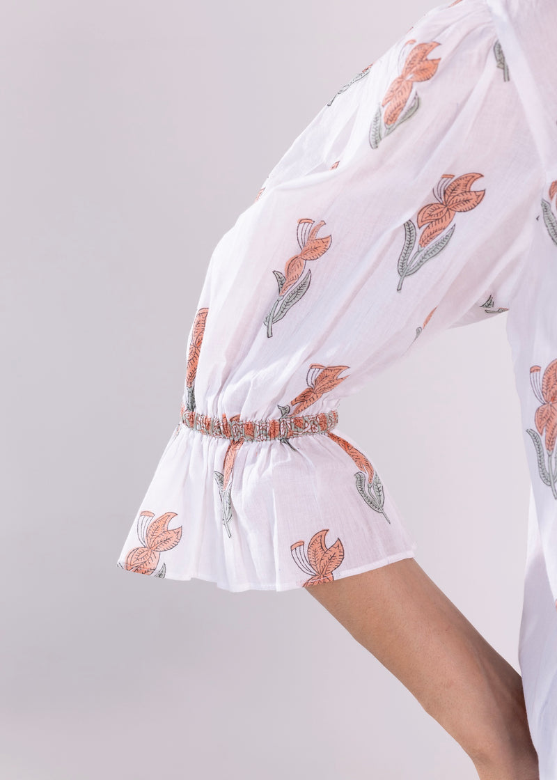 V-Neck Gather Top with Puff Sleeve