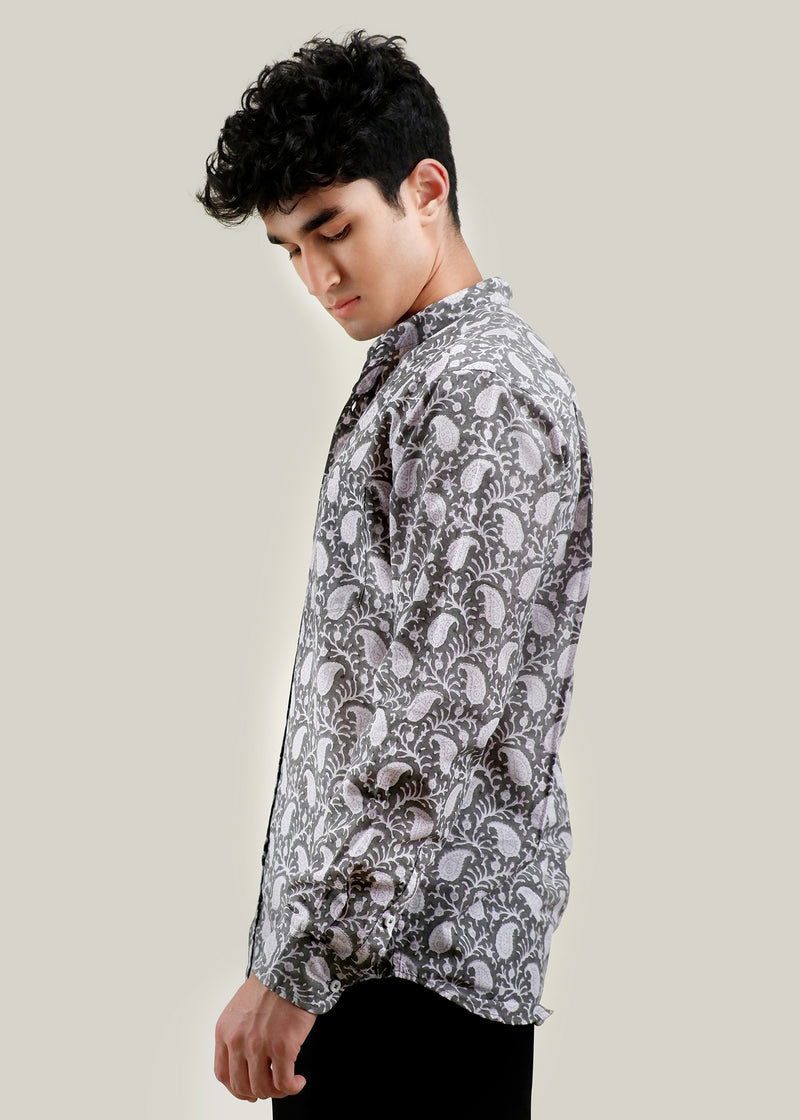 Charcoal Grey Regular Cotton Full Sleeve Chinese Collar Shirt