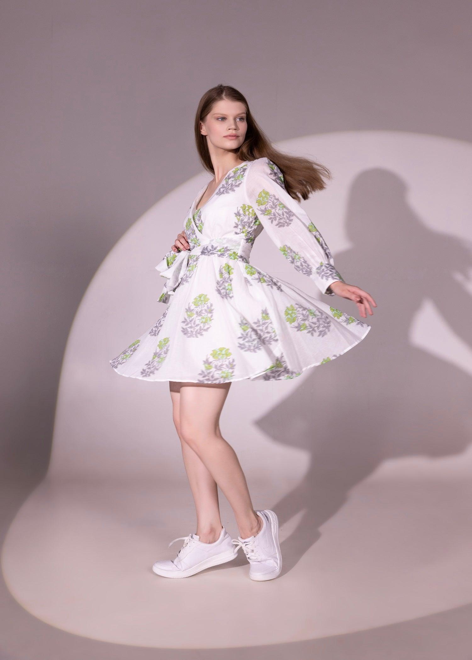 White & Leaf Green Flared Cotton Wrap Dress