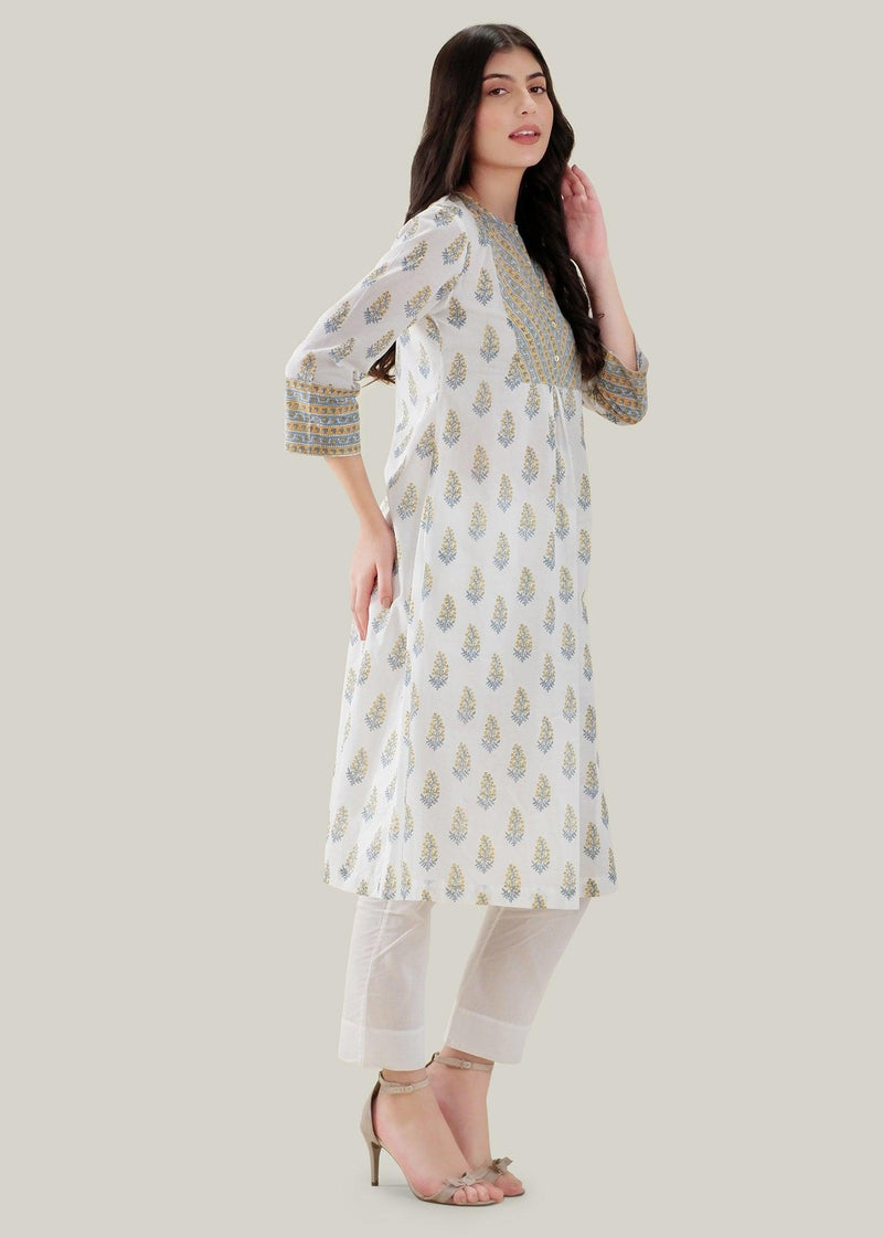 White & Yellow Flared Cotton Falak Kurta