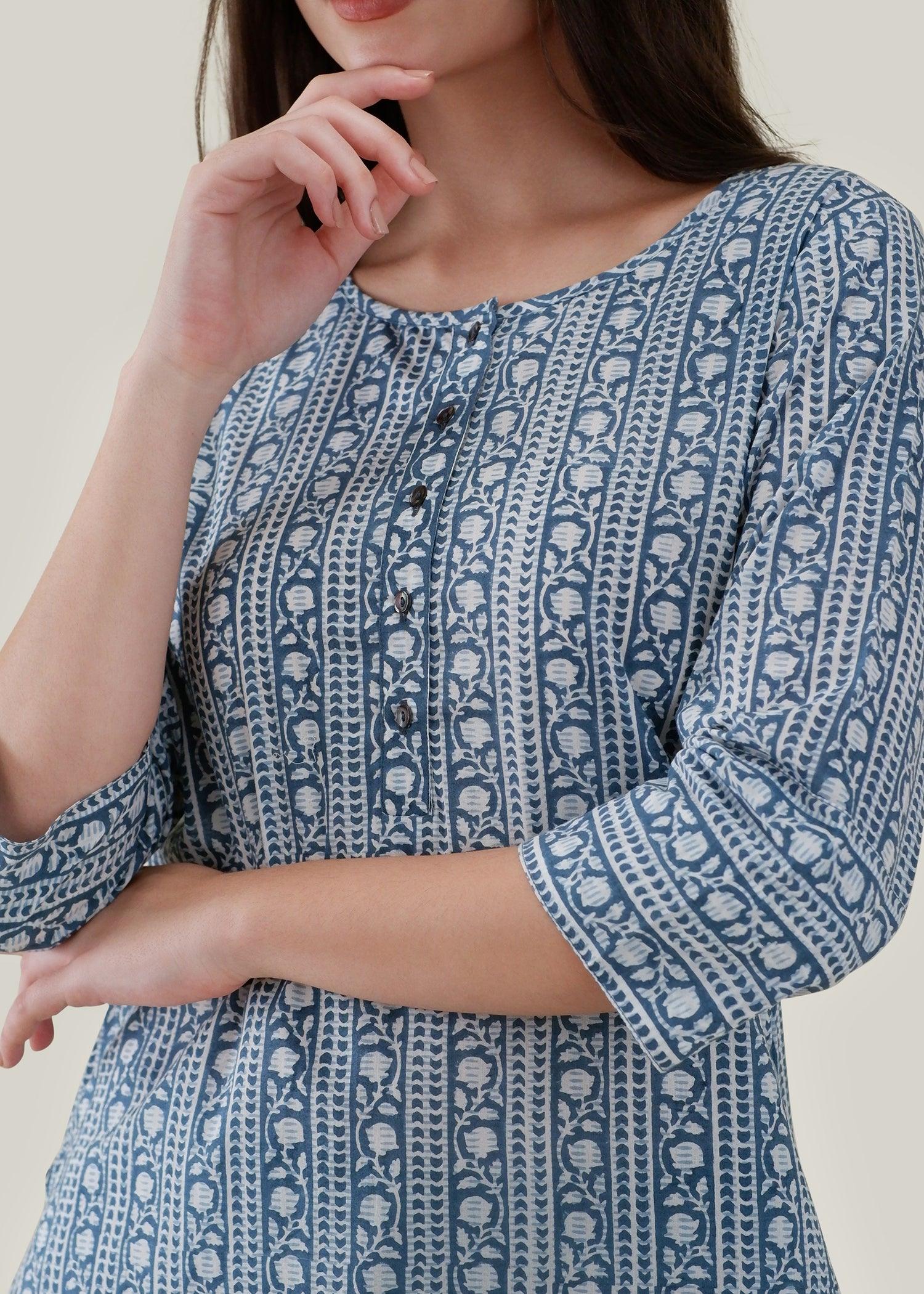 White & Blue Regular Cotton Upasana Kurta