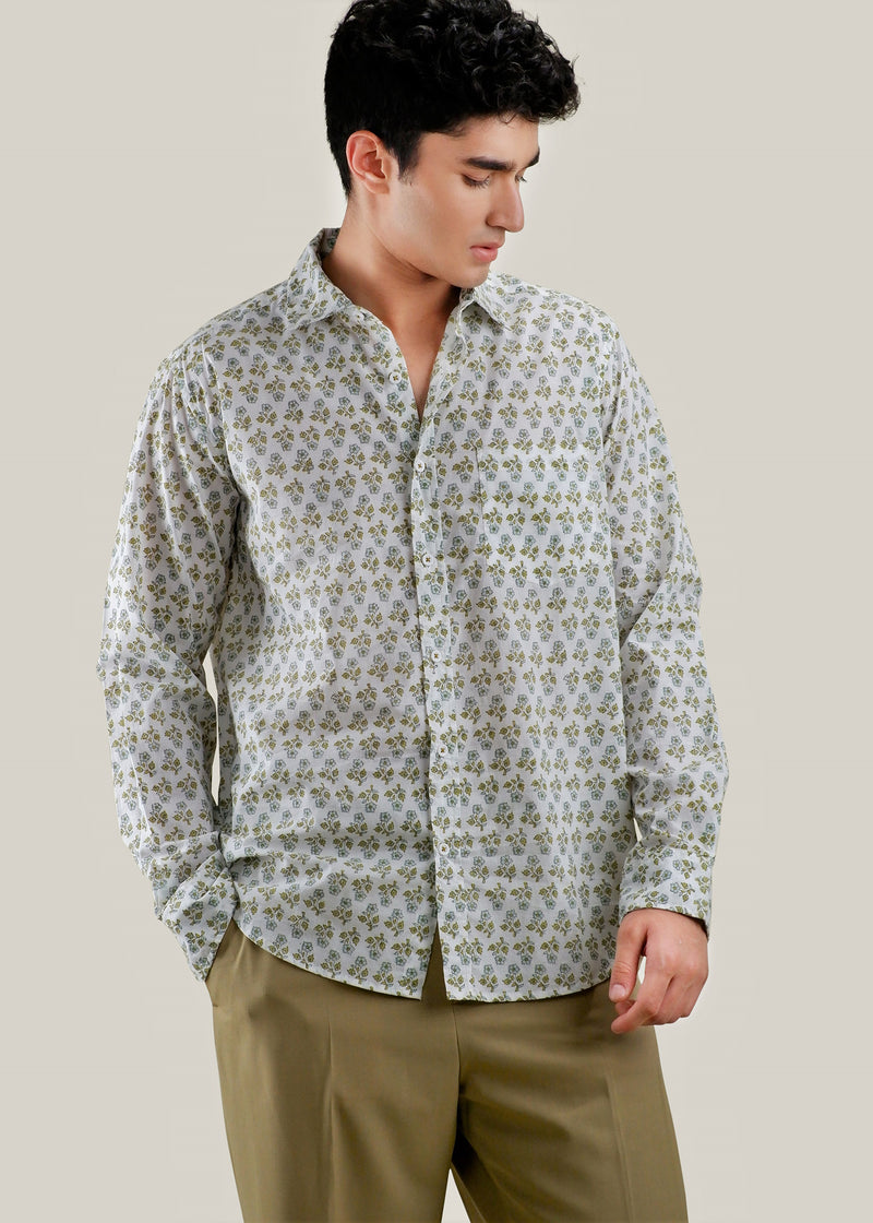 White/Blue & Green Regular Cotton Full Sleeve Shirt