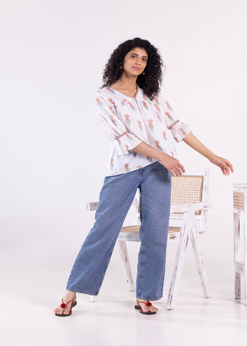 V-Neck Gather Top with Puff Sleeve