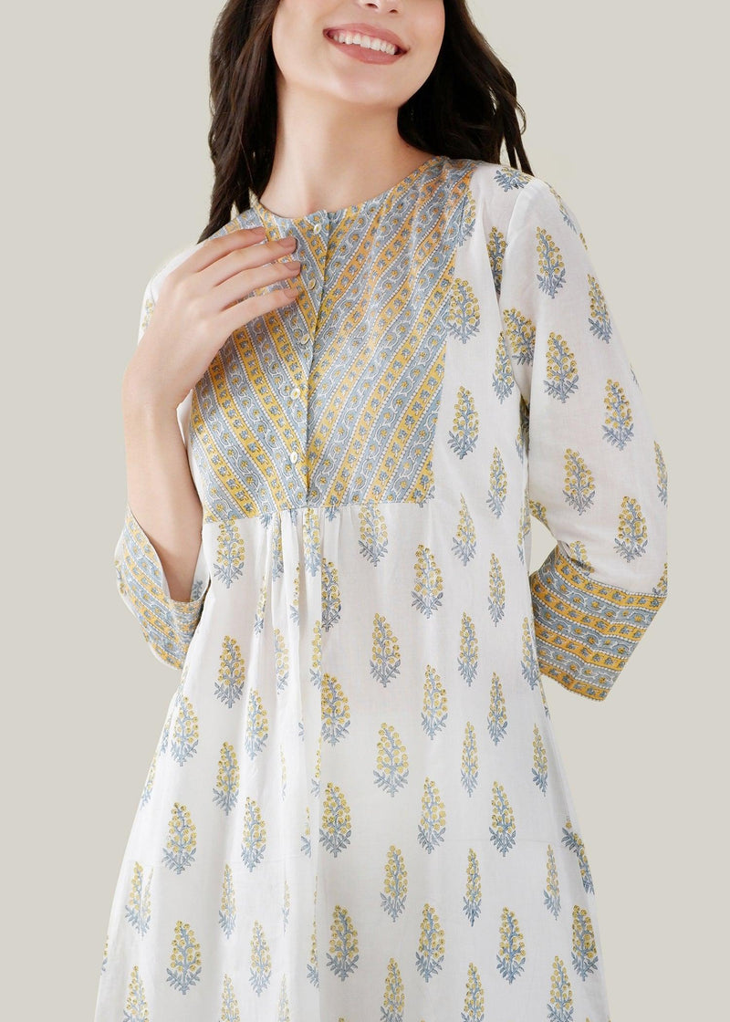 White & Yellow Flared Cotton Falak Kurta