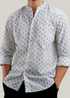 White & Blue Regular Cotton Full Sleeve Chinese Collar Shirt