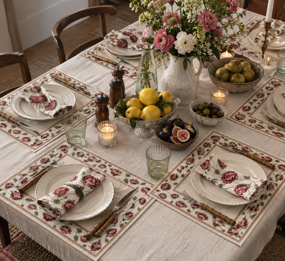 Peonia Red-Beige Floral Table Mat Set of 6