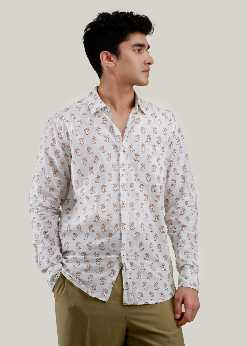 White/Ochre & Maroon Regular Cotton Full Sleeve Shirt