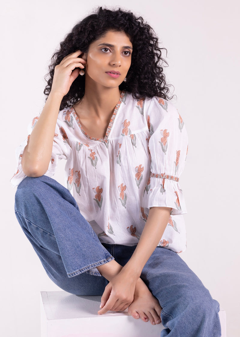 V-Neck Gather Top with Puff Sleeve