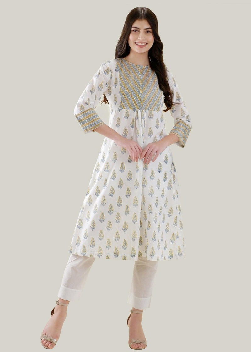 White & Yellow Flared Cotton Falak Kurta