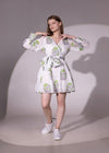 White & Leaf Green Flared Cotton Wrap Dress