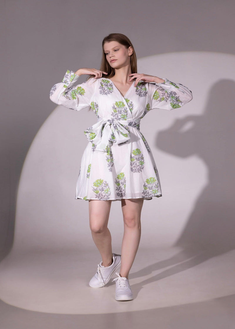 White & Leaf Green Flared Cotton Wrap Dress