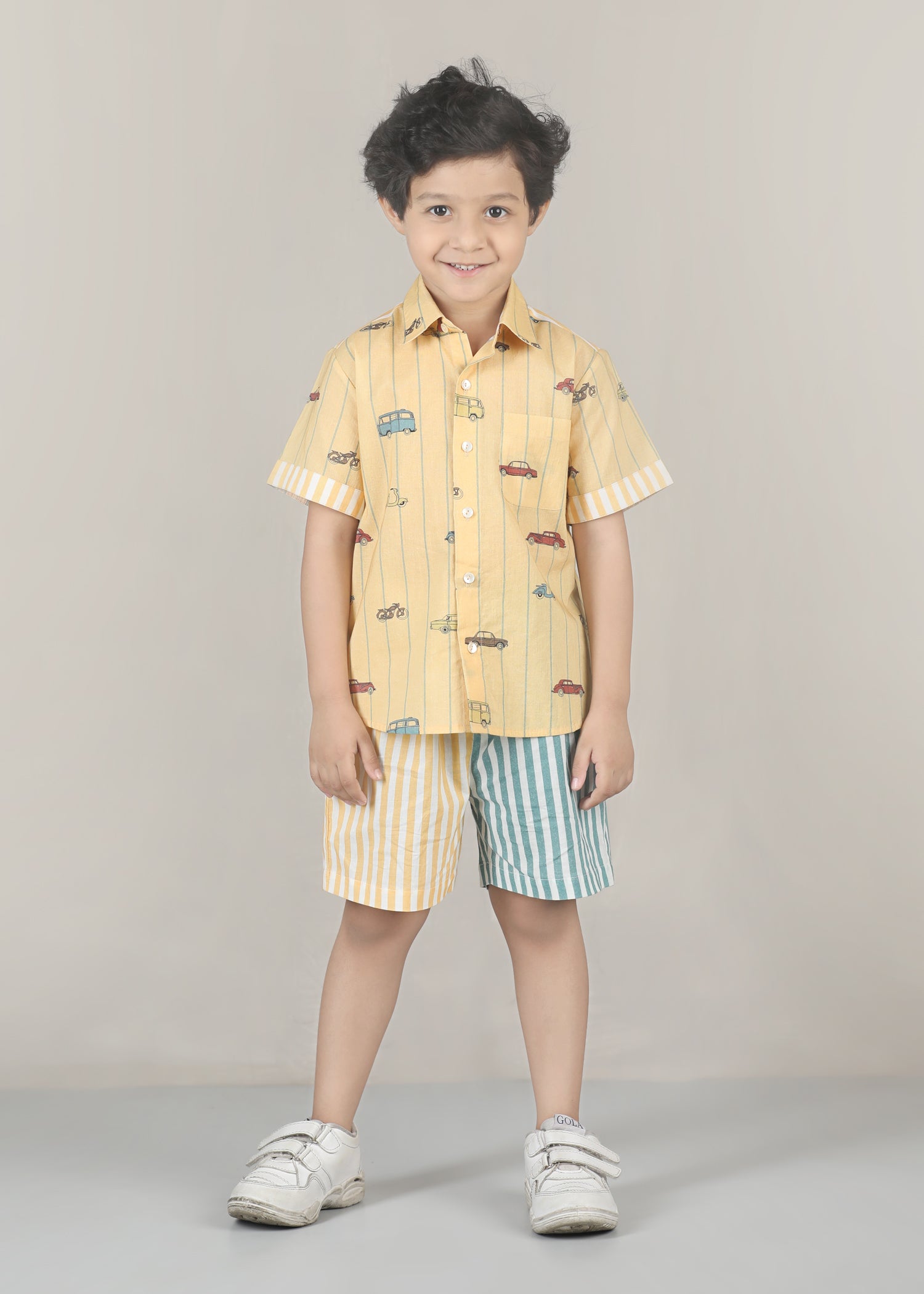 Vehicles Cotton Shirt – Yellow (6M–12 Yrs)