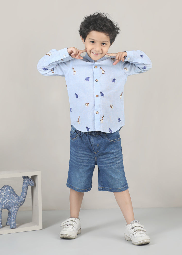 Jungle Friends Chambray Cotton Shirt-Light Blue (12 Months-12 Years)