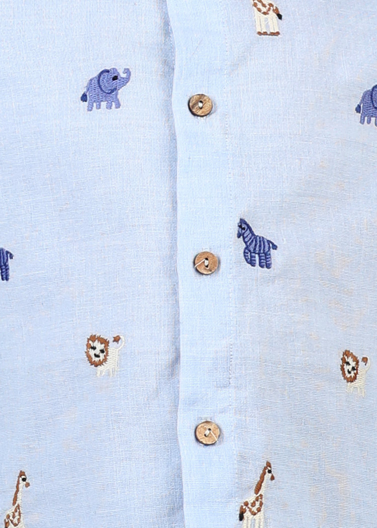 Jungle Friends Chambray Cotton Shirt-Light Blue (12 Months-12 Years)