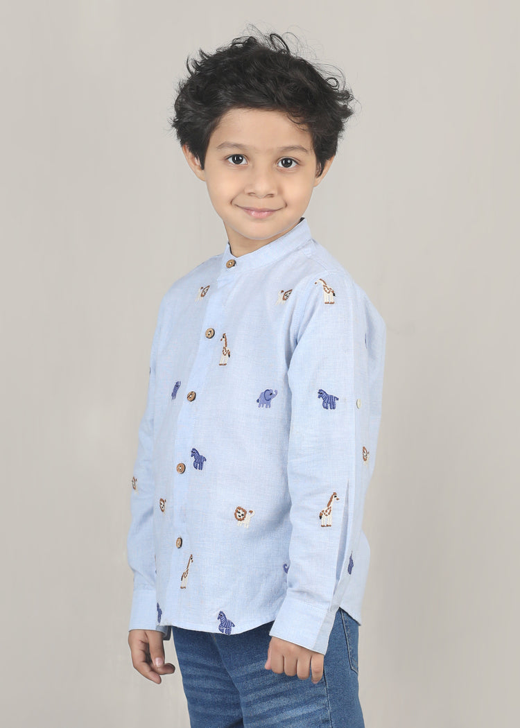 Jungle Friends Chambray Cotton Shirt-Light Blue (12 Months-12 Years)