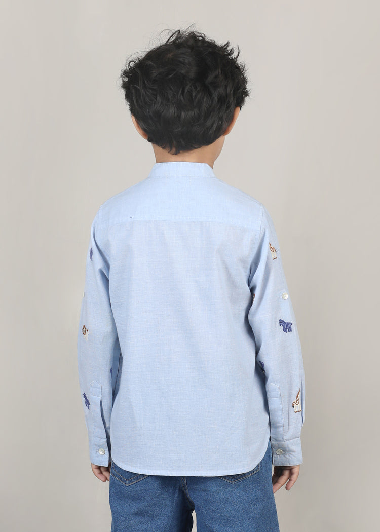 Jungle Friends Chambray Cotton Shirt-Light Blue (12 Months-12 Years)