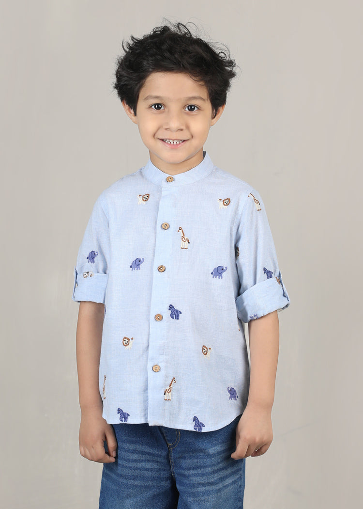 Jungle Friends Chambray Cotton Shirt-Light Blue (12 Months-12 Years)