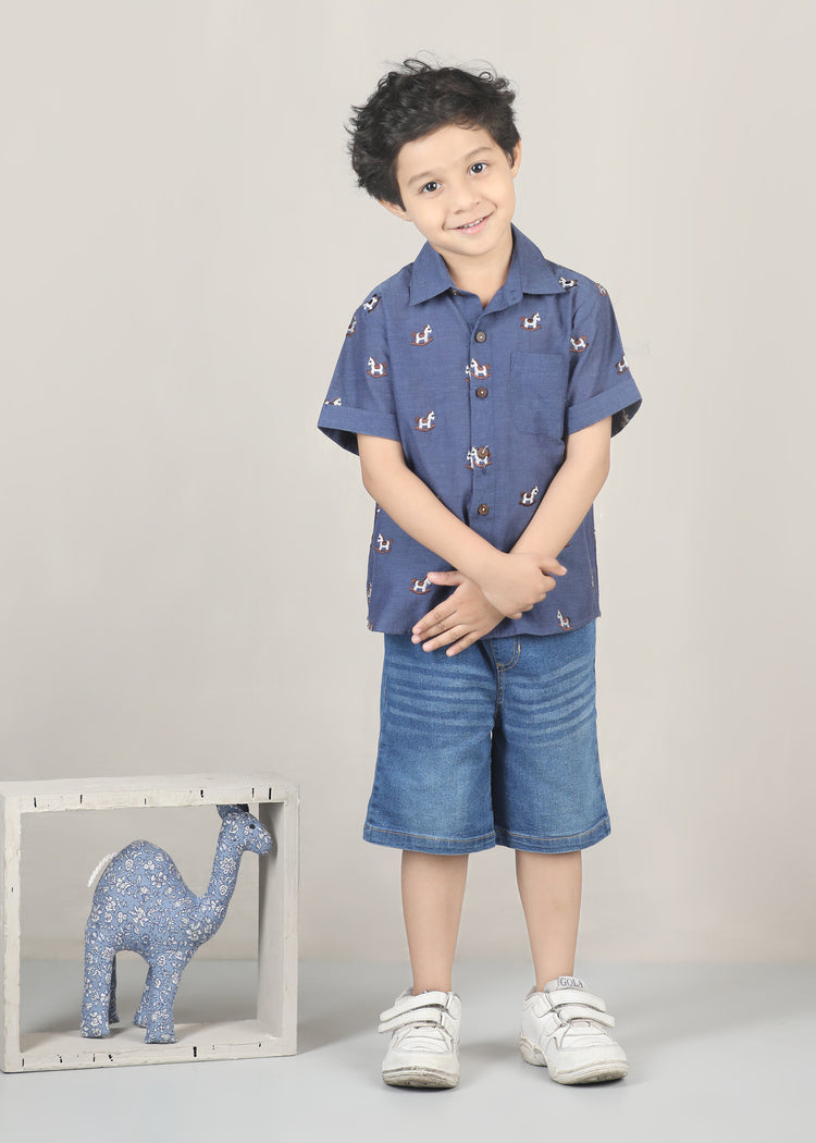 Little Paws Chambray Cotton Shirt-Blue (12 Months-12 Years)
