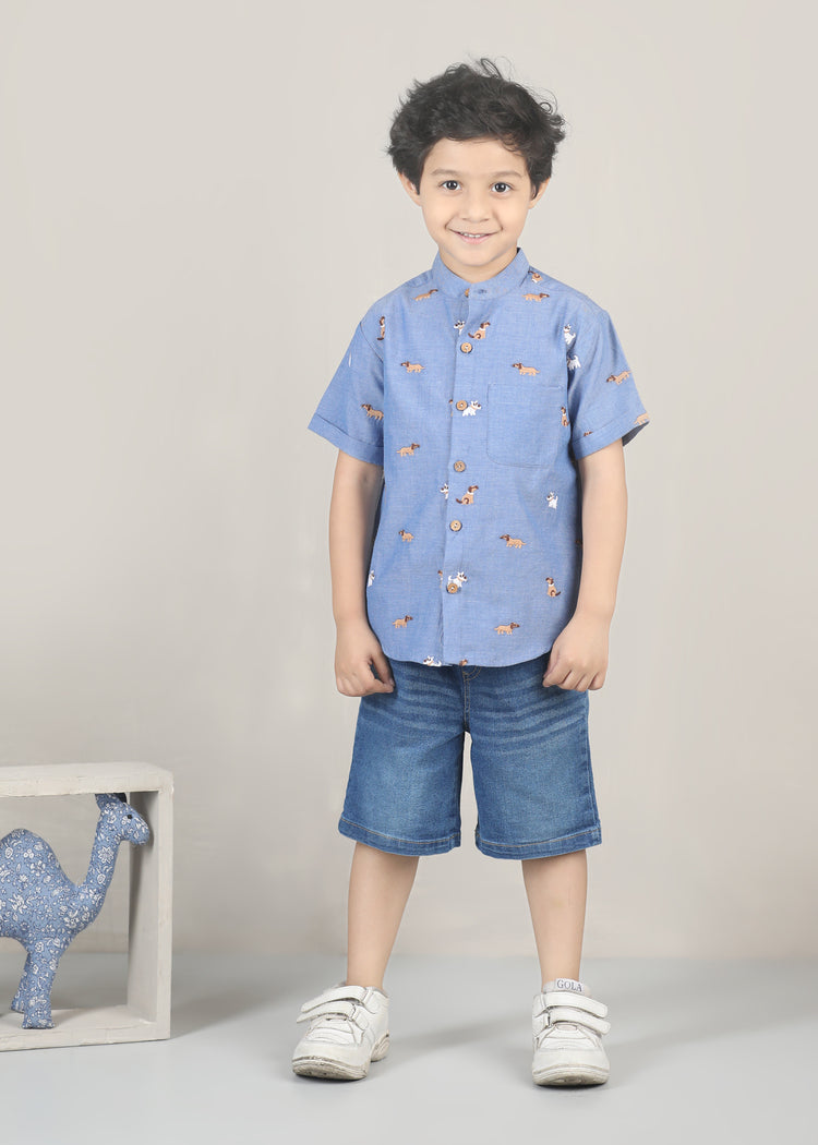 Little Paws Chambray Cotton Shirt-Light Blue (12 Months-12 Years)