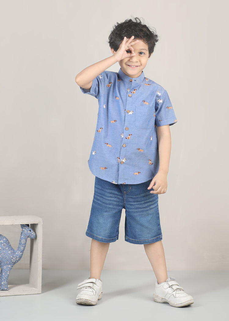 Little Paws Chambray Cotton Shirt-Light Blue (12 Months-12 Years)