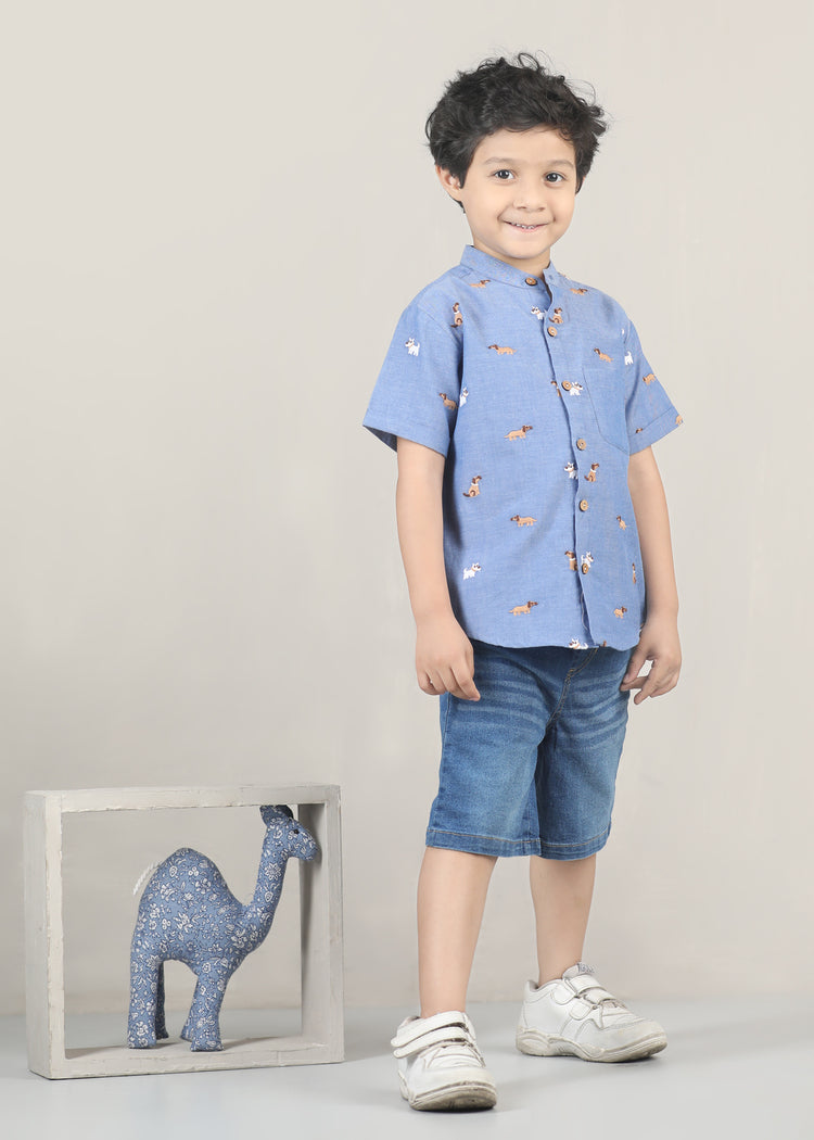 Little Paws Chambray Cotton Shirt-Light Blue (12 Months-12 Years)