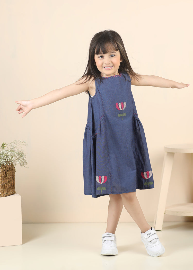 Panelled Tulip Chambray Cotton Dress-Blue (12 Months-12 Years)