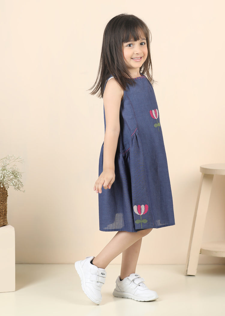 Panelled Tulip Chambray Cotton Dress-Blue (12 Months-12 Years)