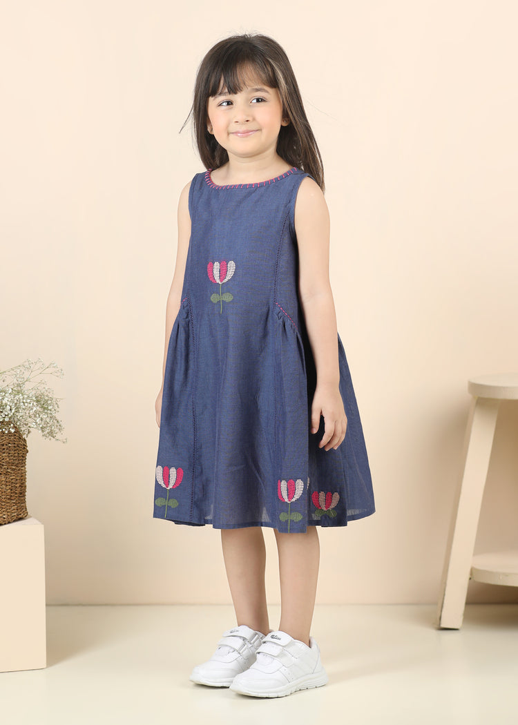 Panelled Tulip Chambray Cotton Dress-Blue (12 Months-12 Years)