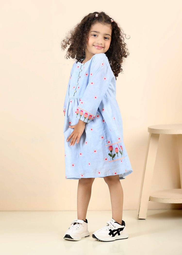 Stella Tulip Chambray Cotton Dress-Light Blue (12 Months-12 Years)