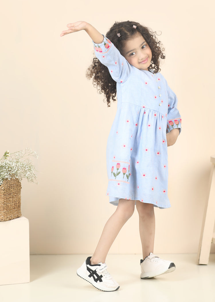 Stella Tulip Chambray Cotton Dress-Light Blue (12 Months-12 Years)