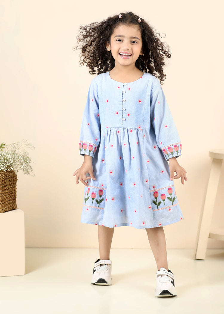 Stella Tulip Chambray Cotton Dress-Light Blue (12 Months-12 Years)