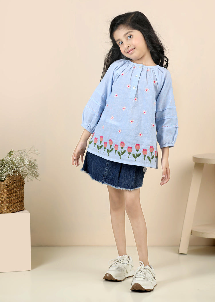 Ahana Tulip Chambray Cotton Top-Light Blue (12 Months-12 Years)
