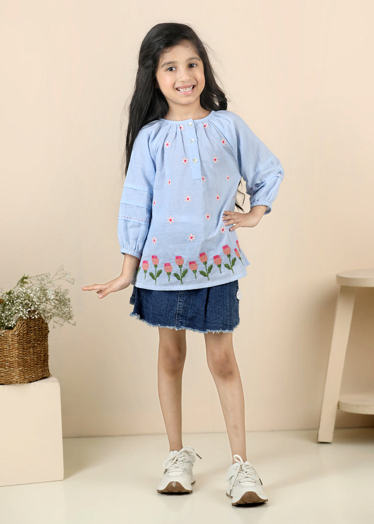 Ahana Tulip Chambray Cotton Top-Light Blue (12 Months-12 Years)