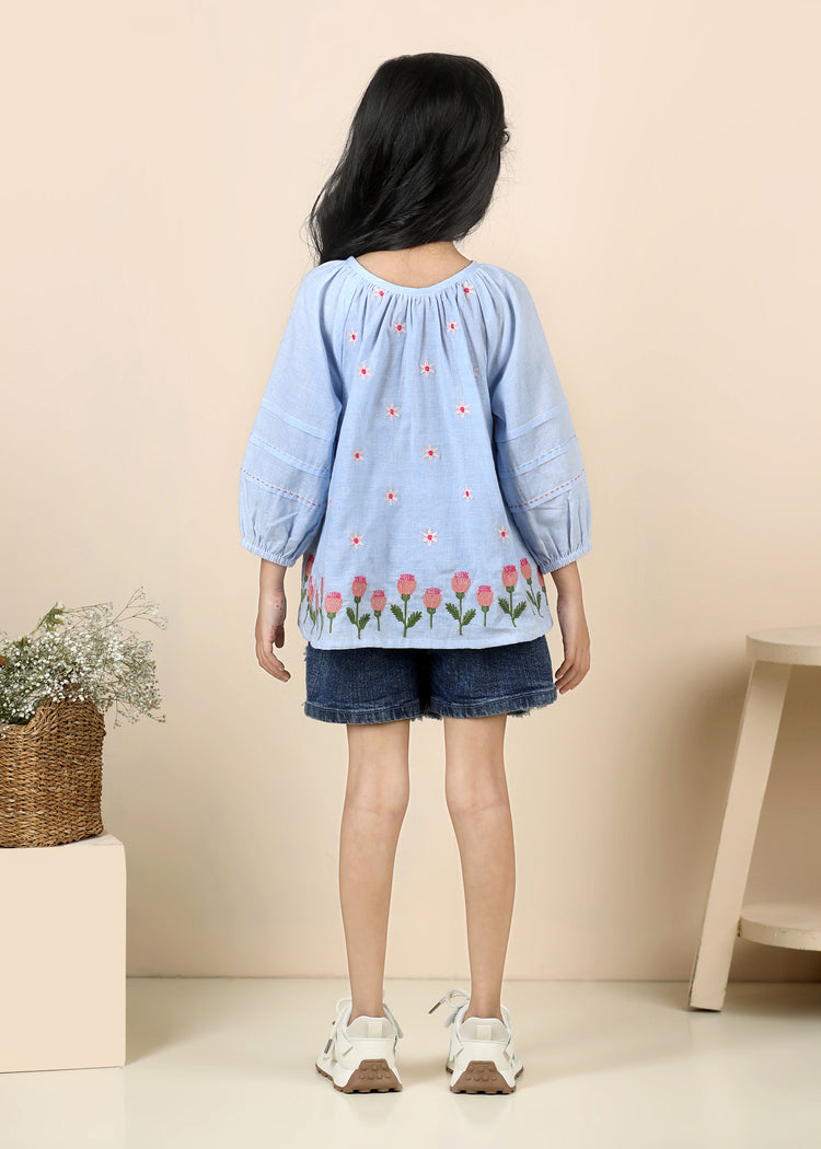 Ahana Tulip Chambray Cotton Top-Light Blue (12 Months-12 Years)