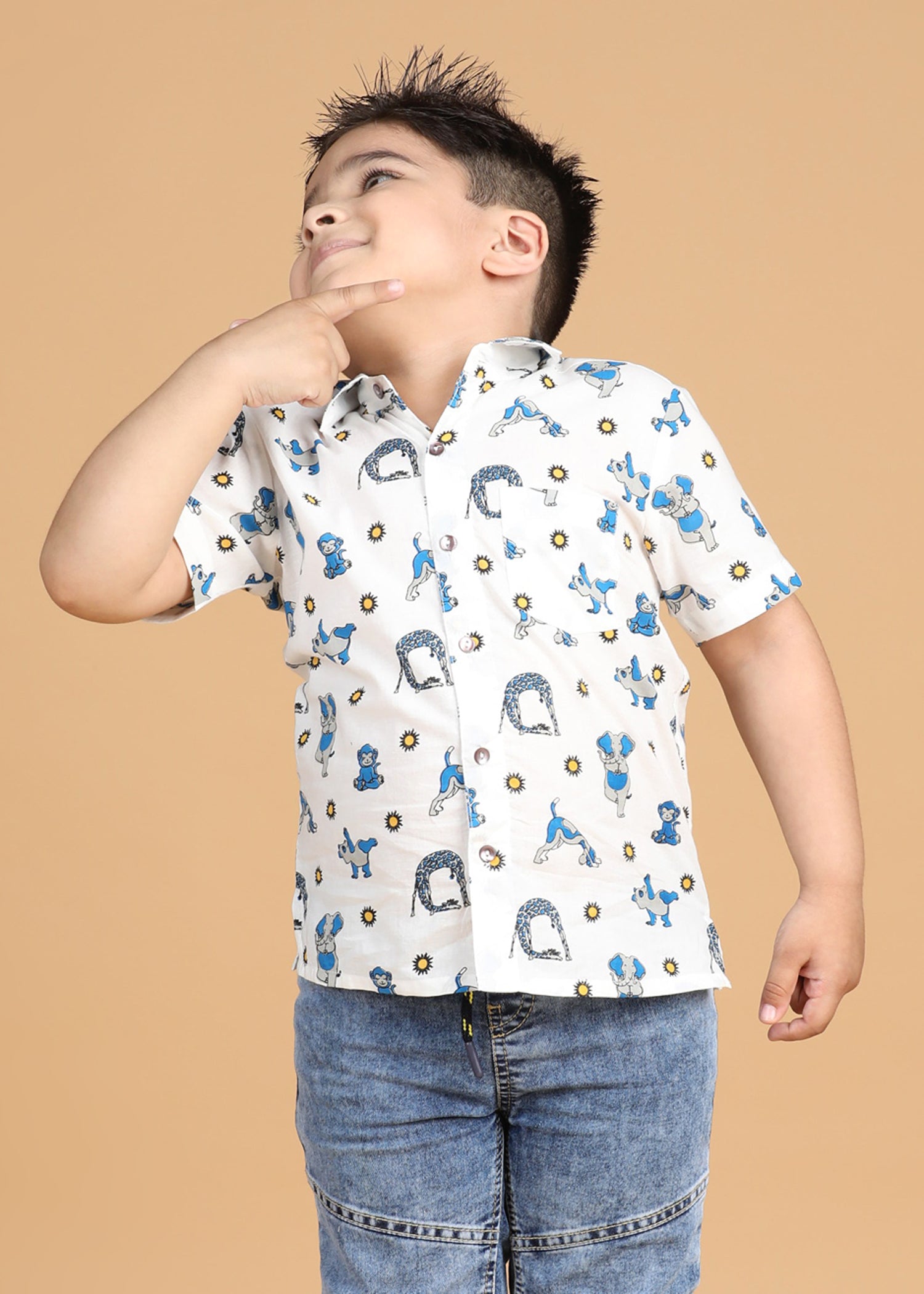 Animal Yoga White Cotton Boys Shirt (6 Months-12 Years)
