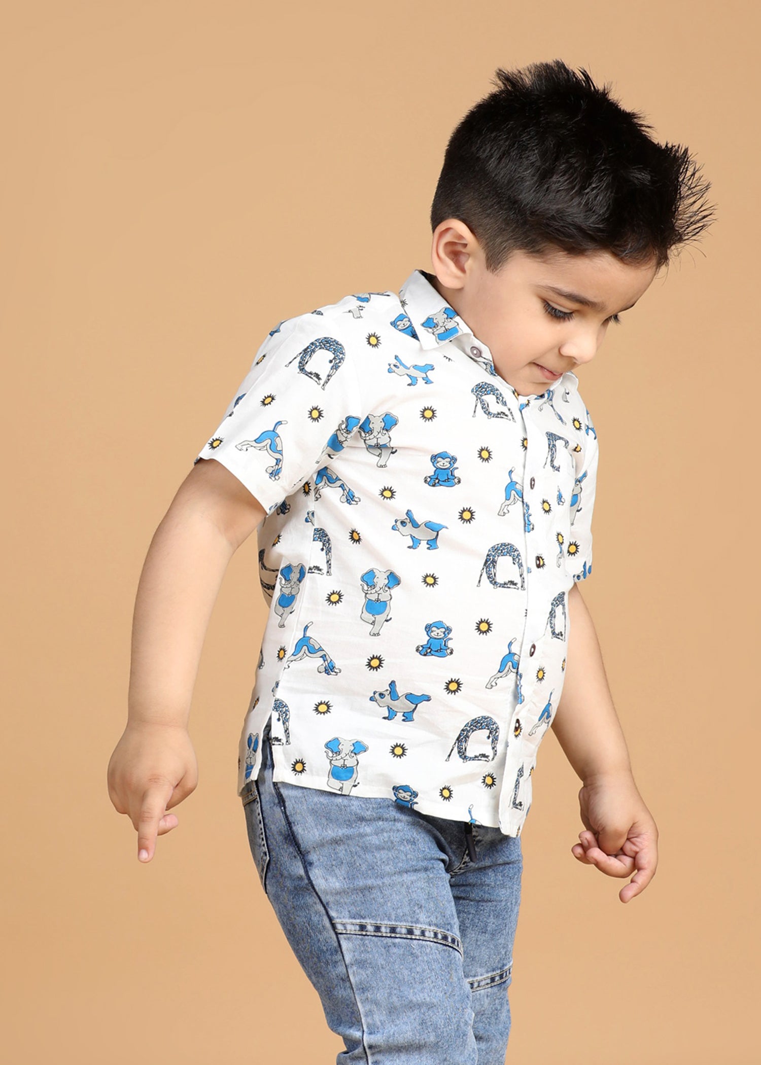 Animal Yoga White Cotton Boys Shirt (6 Months-12 Years)