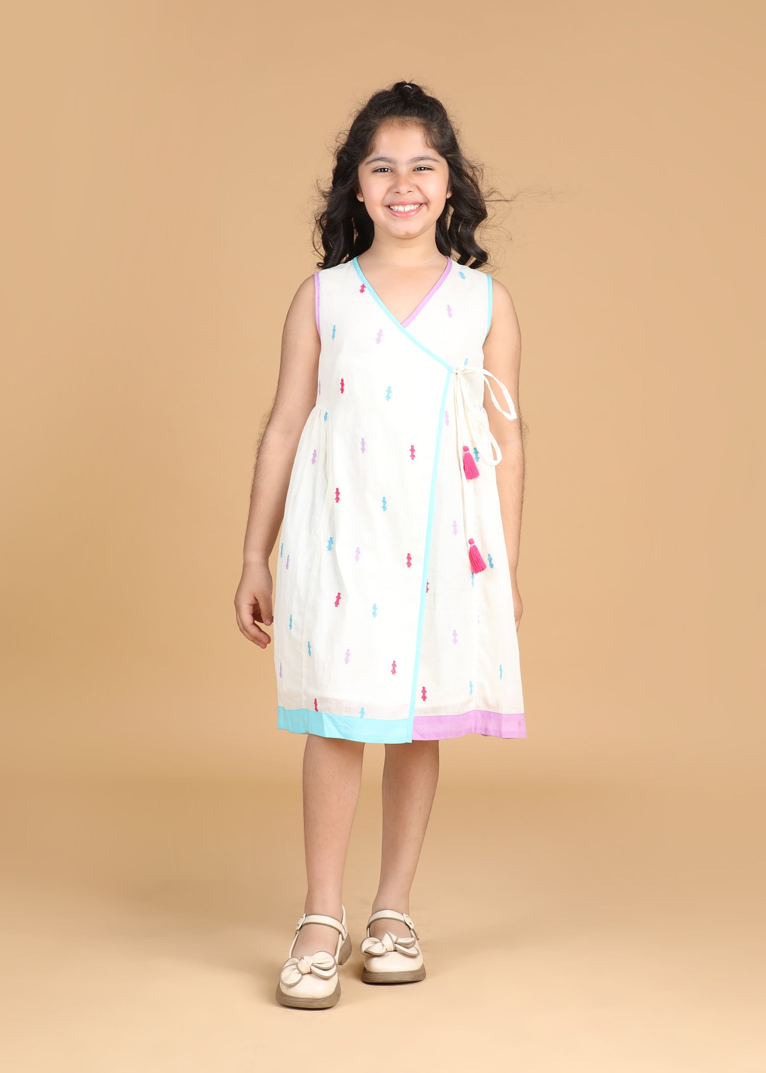 Angrakha Embroidered Creme Cotton Dress Girls (6 Months-12 Years)