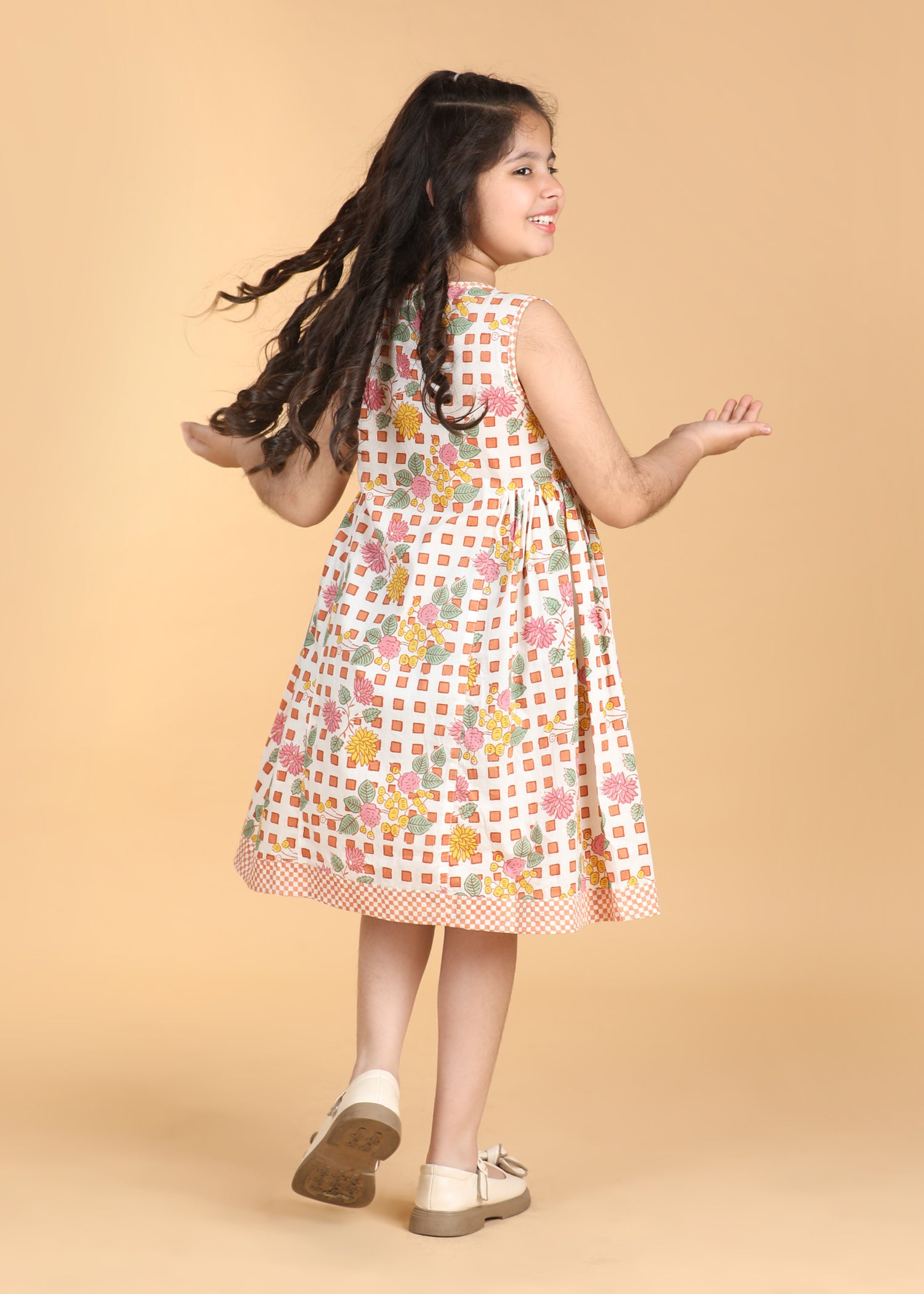 Angrakha Flower Checks Cotton Dress Girls (6 Months-12 Years)