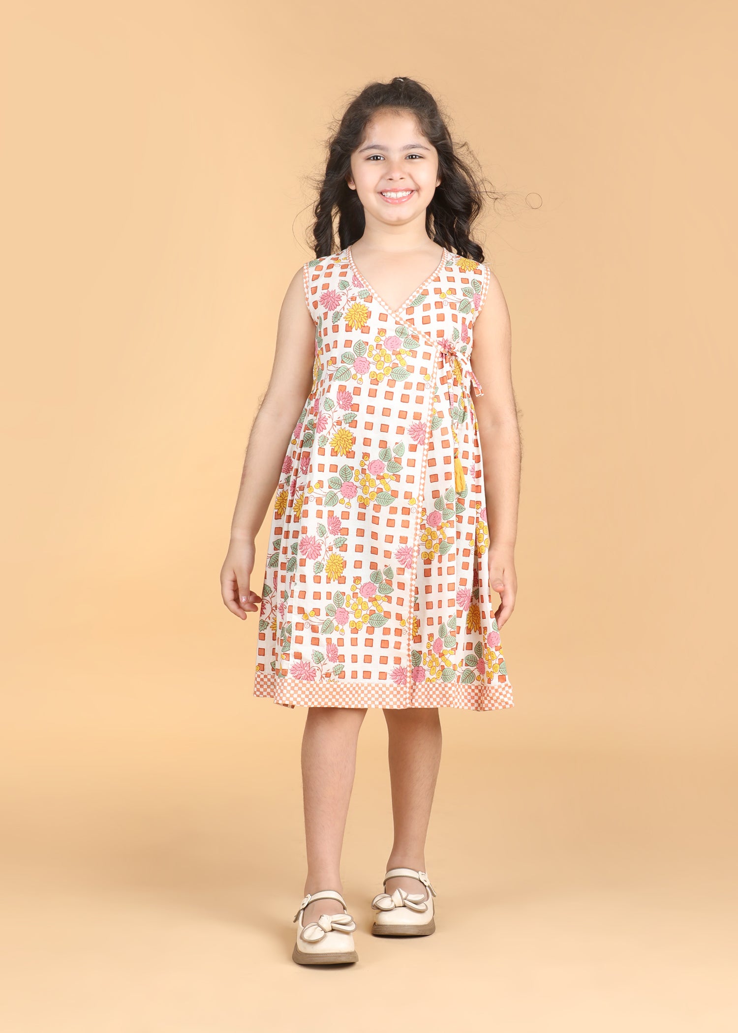Angrakha Flower Checks Cotton Dress Girls (6 Months-12 Years)