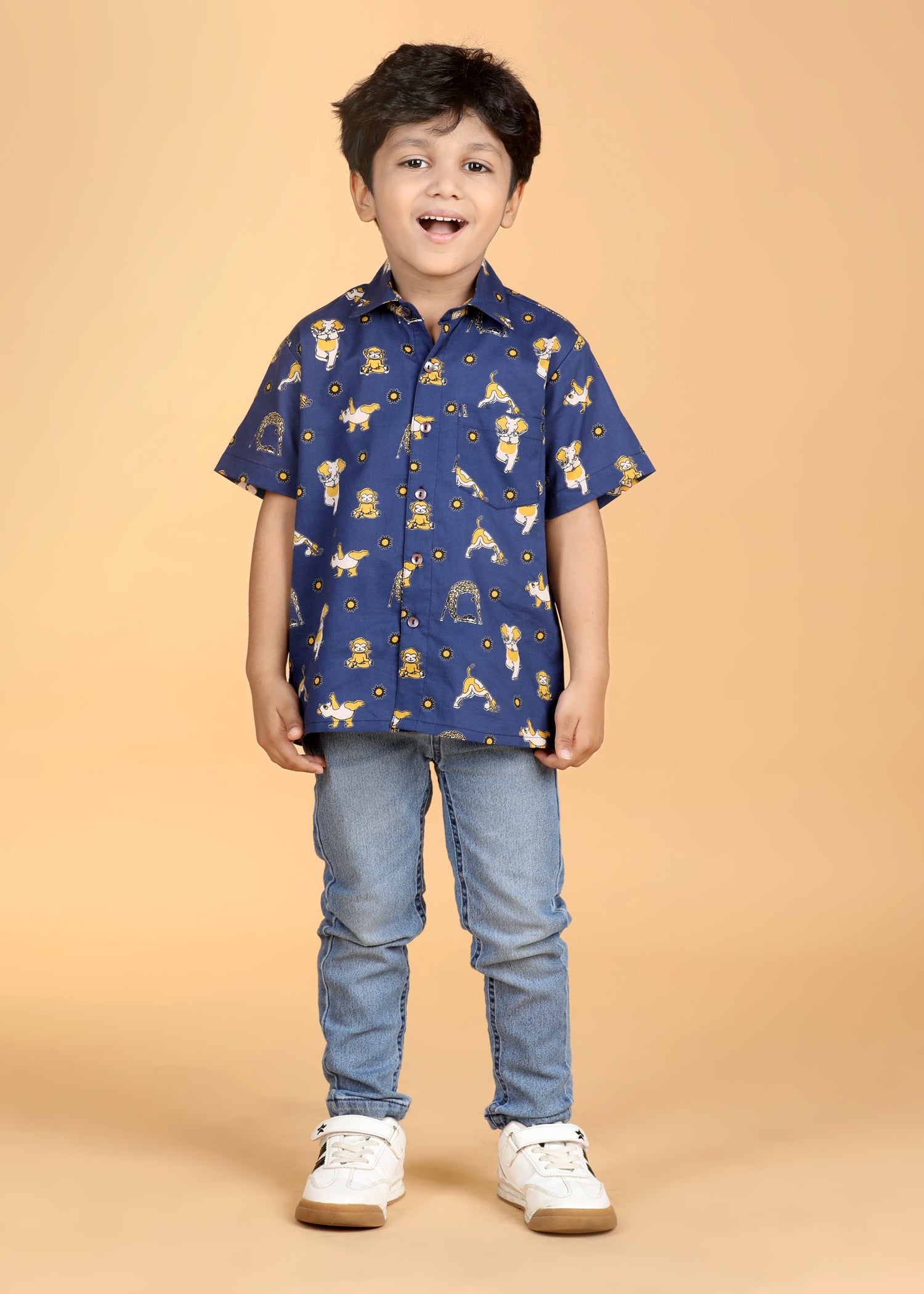 Animal Yoga Blue Cotton Boys Shirt (6 Months-12 Years)