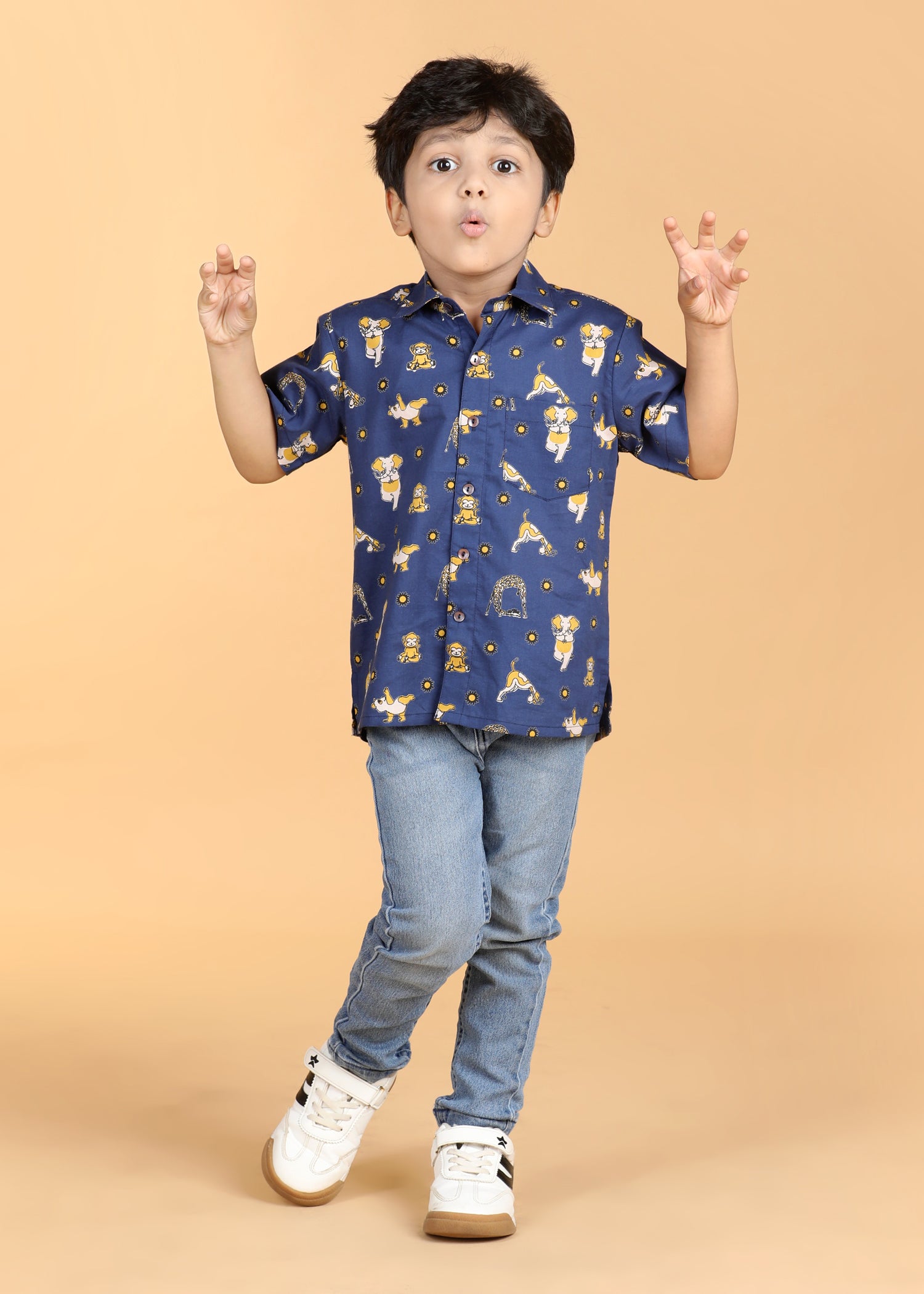 Animal Yoga Blue Cotton Boys Shirt (6 Months-12 Years)