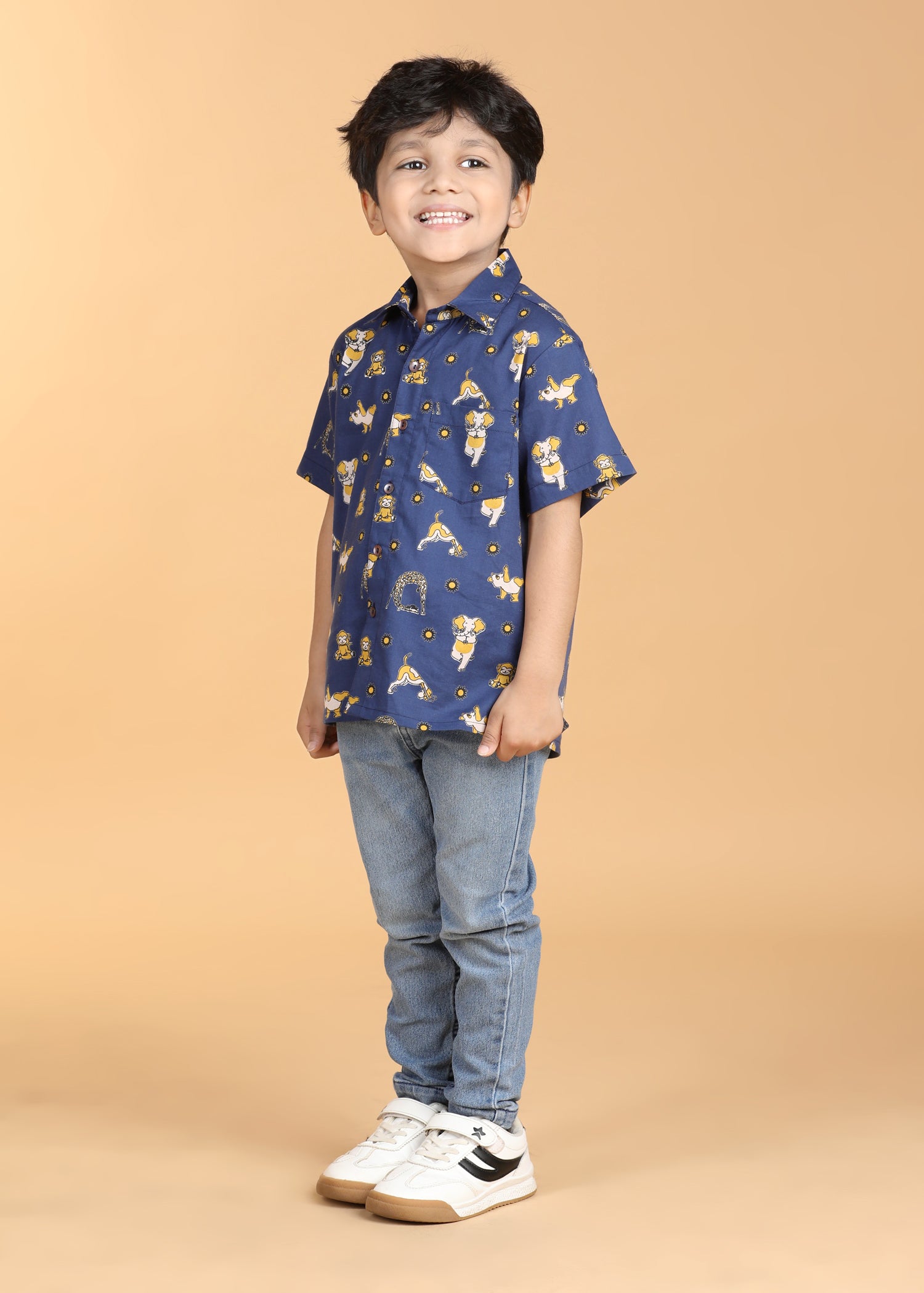 Animal Yoga Blue Cotton Boys Shirt (6 Months-12 Years)