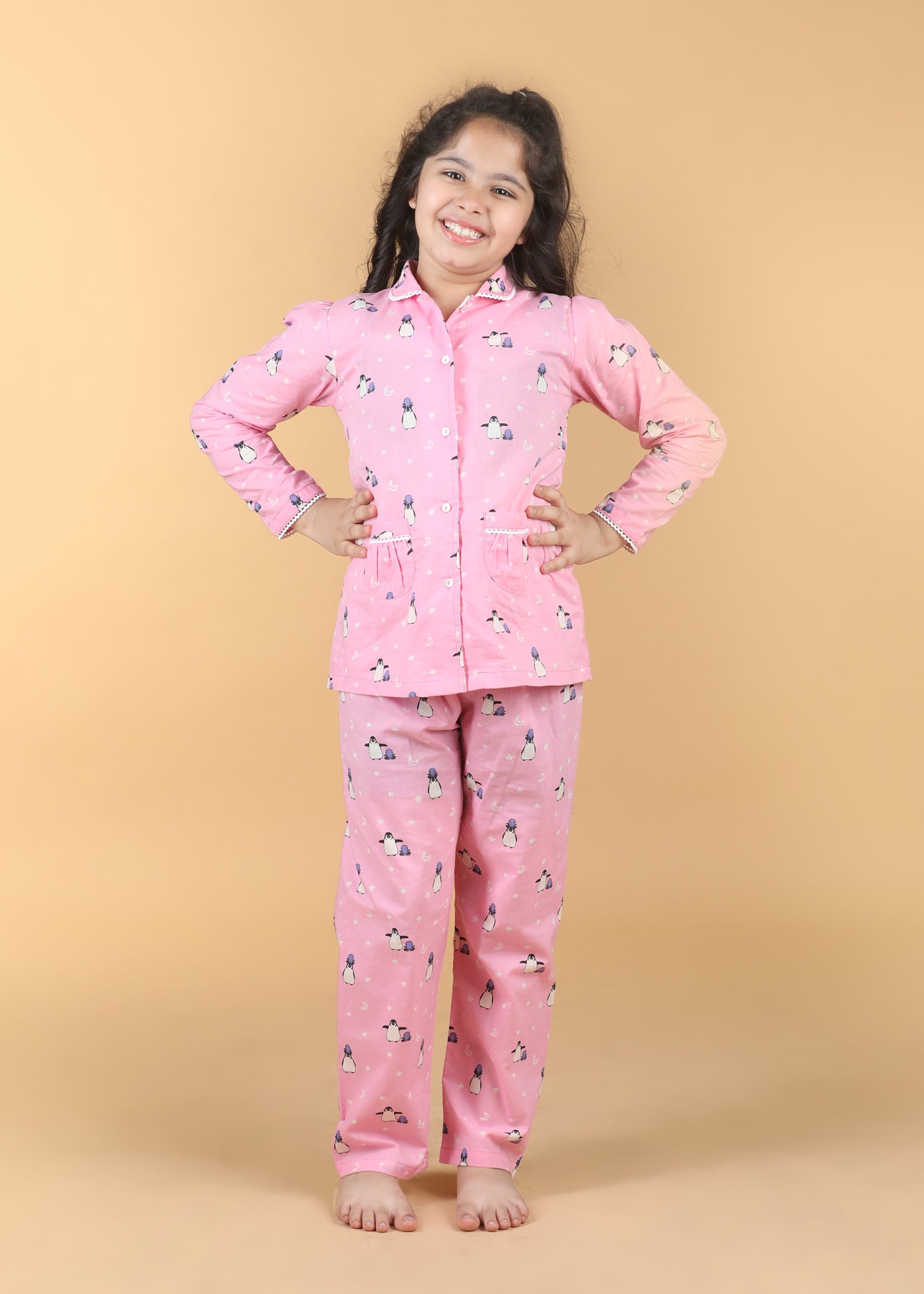 Penguin Party Girls Baby Pink Full Sleeves Night Suit (1-12 Yrs)